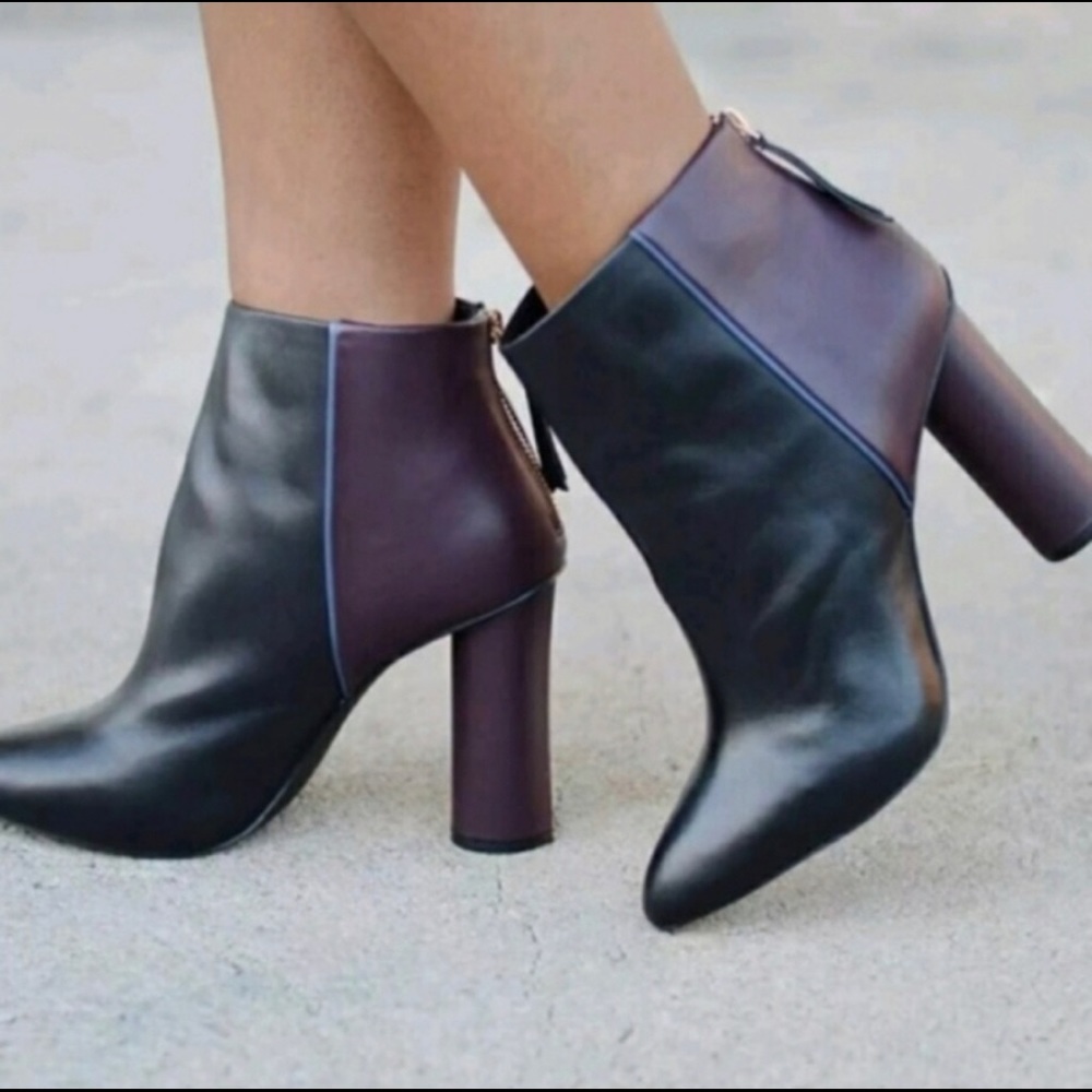 Cabi Color Block Black and Plum Leather Bootie